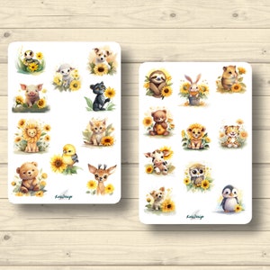 Sticker Set, süße Baby Tiere mit Sonnenblumen Kindersticker, Aufkleber Planner Stickers, cute Scrapbooking Stickers