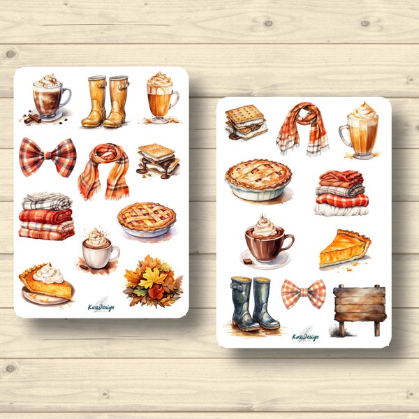 Sticker Set Herbst Apfelkuchen Kürbiskuchen Schal Stiefel, Aufkleber Planner Stickers, cute Scrapbooking Stickers