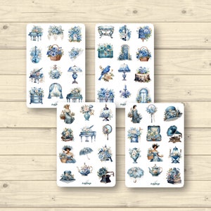 Sticker Set vintage Objekte in Blau, 4 Stück