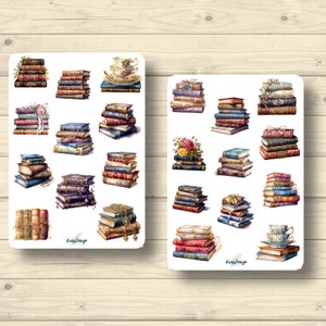 Set di adesivi per libri, pile di libri vintage, hobby di lettura, adesivi per planner, simpatici adesivi per scrapbooking