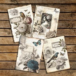 Set of 4 postcards vintage old letters, roses