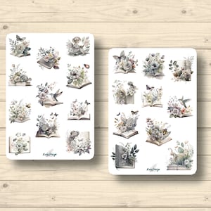 Sticker Set Bücher mit Blumen und kleinen Feen, romantisch, Aufkleber Planner Stickers, cute Scrapbooking Stickers