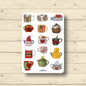 Sticker Blatt Winter Teetassen und Teekannen in Strickoptik, Aufkleber Planner Stickers, Scrapbook Stickers