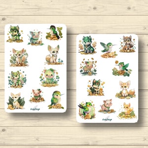 Sticker Set, süße St. Patrick's Tiere mit Münzen, Aufkleber Planner Stickers, cute Scrapbooking Stickers