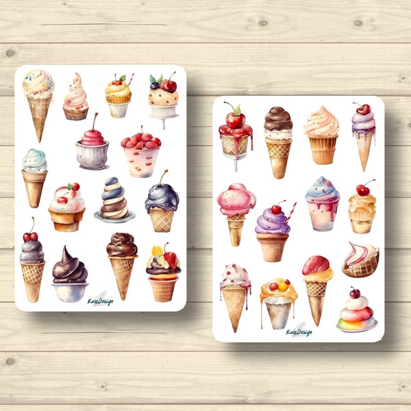 Sticker Set, Eiscreme Softeis Eistüten Eisbecher Sommer Aufkleber Planner Stickers, Scrapbook Stickers