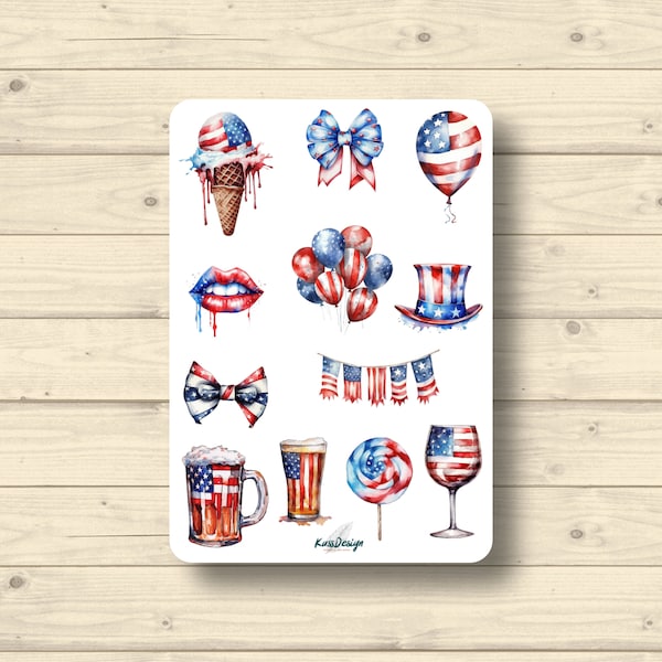 Sticker Set USA Independence Day 4th of July American Flag America, Stickers Planner Stickers, Scrapbook Stickers