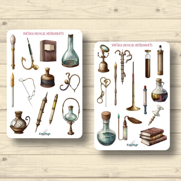 Ensemble d'autocollants, anciens instruments médicaux, vintage, autocollants Planner Stickers, autocollants de scrapbooking mignons