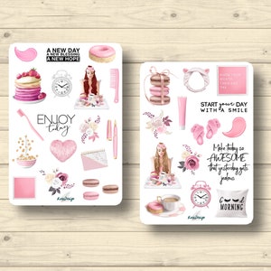 Conjunto de pegatinas, buenos días rutina de la mañana acogedor desayuno mujer pijama rosa en casa pegatinas planificador pegatinas, lindas pegatinas de scrapbooking