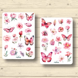 Sticker Set, Schmetterlinge Blumen pink rosa Blüten Frühling Sommer Natur Wald Wiese Aufkleber Planner Stickers, Scrapbook Stickers