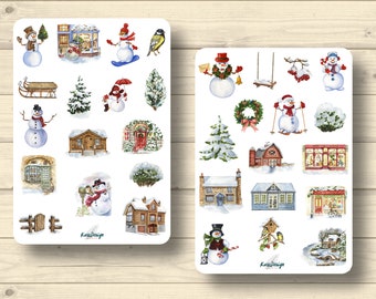 Stickers Kerstsneeuwmannen Kerstwinkels Slee Kerstboom, Stickers Planner Stickers, Scrapbook Stickers