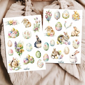 Set de pegatinas de Pascua con conejitos, huevos de Pascua coloridos y flores primaverales: un bonito conejito de Pascua, tulipanes, nidos y motivos de Pascua en tonos pastel.