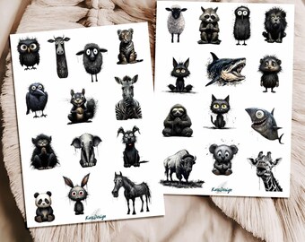 Funny animal sticker set, black and white – quirky animals, owl, cat, panda & fantasy figures, quirky funny animal stickers