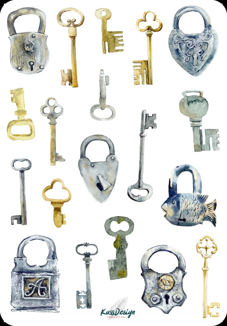 Sticker Set Key Locks Padlock Vintage, Stickers Planner Stickers, Cute ...