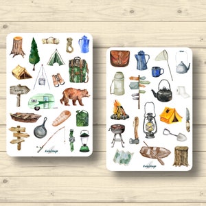Stickerset camping kamperen wandelen vakantie natuur, stickers planner stickers, schattige scrapbooking stickers