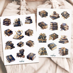 Ensemble d'autocollants de livres vintage en bleu et or