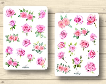 Sticker set pink roses, flowers, plants, nature, planner stickers, cute scrapbooking stickers