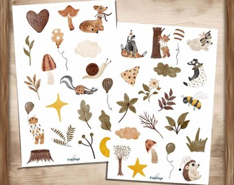 Conjunto de pegatinas de animales del bosque estilo bohemio: zorro, ciervo, tejón, erizo, setas y hojas | Pegatinas de animales del bosque en tonos neutros y colores naturales.