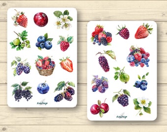 May include: Two sheets of stickers featuring watercolor illustrations of various berries, including strawberries, blueberries, blackberries, raspberries, and gooseberries. The stickers are on a white background and have the text "Kuna Design" on each sheet.