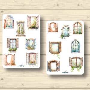Sticker Set Fenster mit Pflanzen offene Fensterluken Aquarell, Aufkleber Planner Stickers, cute Scrapbooking Stickers