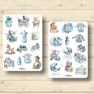 Sticker Set Baby Junge Aquarell Spielzeug Nuckelflasche Babybett Kinderwagen, Aufkleber Planner Stickers, cute Scrapbooking Stickers