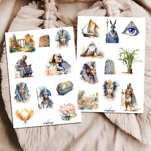 May include: Two sheets of stickers featuring watercolour illustrations of ancient Egyptian themes, including pharaohs, the Sphinx, pyramids, a sailing ship, a lotus flower, hieroglyphic tablets, and deities. Each sheet includes the text KussDesign.