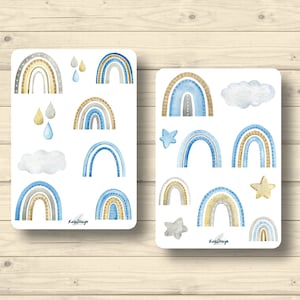 Sticker Set Regenbögen in Blau Wolken Wassertropfen, Aufkleber Planner Stickers, cute Scrapbooking Stickers