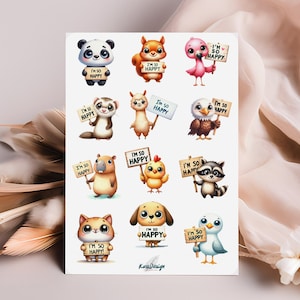 Sticker Blatt niedliche Tiere "I'm so happy"