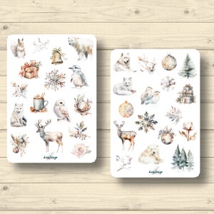 Set de pegatinas animales del bosque de invierno bosque de invierno blanco copos de nieve de invierno animales, pegatinas planificador pegatinas, lindas pegatinas de scrapbooking