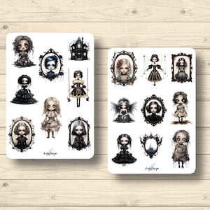 Sticker Set Halloween Gothik Puppen Mystik mittelalterlich schwarz, Aufkleber Planner Stickers, cute Scrapbooking Stickers