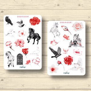 Sticker Set Pferde Vögel Rosen Krähe rot-weiß Schloss Aufkleber Planner Stickers, cute Scrapbooking Stickers
