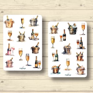 Sticker Set Champagner Sekt Flaschen Gläser Sektkühler Party Getränke Feier, Aufkleber Planner Stickers, cute Scrapbooking Stickers