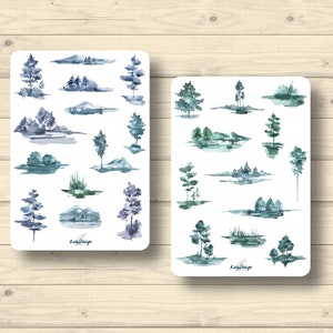 Sticker Set, Landschaften, Aquarell, Natur, Bäume, Berge, Gletscher, Tannen, Aufkleber Planner Stickers, cute Scrapbooking Stickers