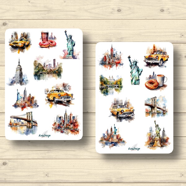 Sticker Set New York Statue de la Liberté Empire State Building Yellow Taxi, Sticker Planner Stickers, Cute Scrapbooking Stickers