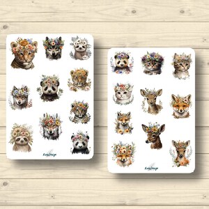 Sticker Set, niedliche Tiere mit Blumen, Aufkleber Planner Stickers, cute Scrapbooking Stickers