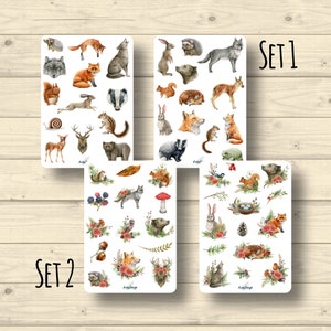 Sticker Sets Waldtiere, Blumen, Natur, Reh, Hirsch, Igel, Wolf, 2 Sets, Aufkleber Planner Stickers, cute Scrapbooking Stickers