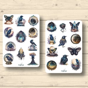 Sticker Set Gothik Raben Halloween Motten Mond Glaskugel Kristall, Aufkleber Planner Stickers, cute Scrapbooking Stickers