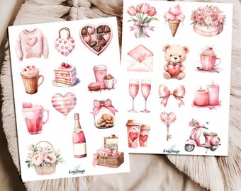 Valentine's Day Sticker Set Pink and Rose – Lovely designs with hearts, flowers, sweets and romantic details