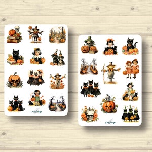 Sticker Set vintage Halloween Herbst Mädchen retro Kürbisse Katzen Herbstpfade, Aufkleber Planner Stickers, cute Scrapbooking Stickers