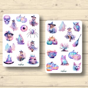 Sticker Set Halloween pastell lila pink Hexe Geister Kürbisse Spinne Katze, Aufkleber Planner Stickers, cute Scrapbooking Stickers
