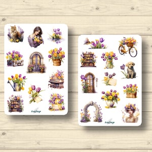 Sticker Set Tulpen Mädchen Katze Tulpensträuße lila gelb, Aufkleber Planner Stickers, cute Scrapbooking Stickers