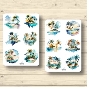 Sticker Set Inseln mit Palmen Strand Meer Urlaub Sommer Sand, Aufkleber Planner Stickers, cute Scrapbooking Stickers