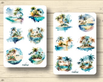 Sticker set: Islands with palm trees, beach, sea, vacation, summer, sand; Planner stickers, cute scrapbooking stickers