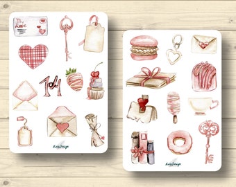 Sticker Set rosa vintage Gegenstände Schlüssel Briefumschlag Bücher Aufkleber Planner Stickers, cute Scrapbooking Stickers