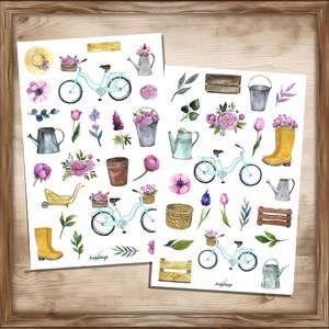 Set di adesivi vintage da giardino: bicicletta, annaffiatoio, fiori, stivali di gomma, giardino rustico, adesivi per la pianificazione del giardino primaverile (pastello) immagine 4