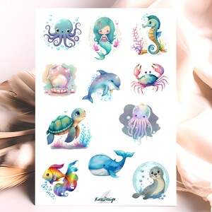 Feuille d'autocollants représentant d'adorables créatures marines, sirène