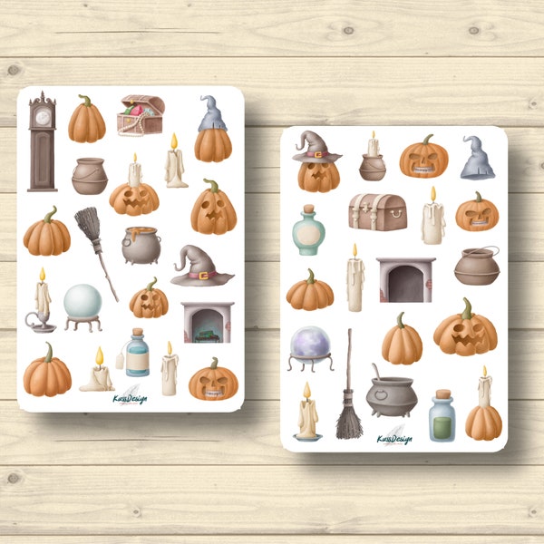 Set di adesivi Zucche di Halloween Candele Scopa strega Camino Autunno, Adesivi Planner adesivi, Adesivi Scrapbooking carini