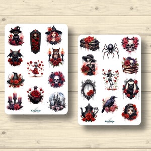 Sticker Set Halloween Gothik rote Rosen Spinne Sarg Katzen Kerzen, Aufkleber Planner Stickers, cute Scrapbooking Stickers