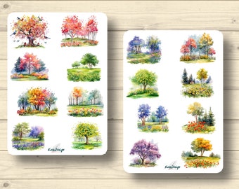 Sticker set: forests, autumn trees, landscapes, nature, woods, autumn leaves; stickers for planners; cute scrapbooking stickers