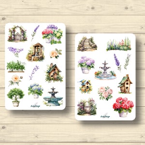 Sticker Set Garten englisch Blumentöpfe Rosen Steintreppe Springbrunnen, Aufkleber Planner Stickers, cute Scrapbooking Stickers