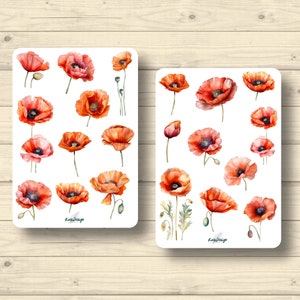 Sticker Set Mohnblumen Pflanzen floral Blüten Frühling Aufkleber Planner Stickers, Scrapbook Stickers